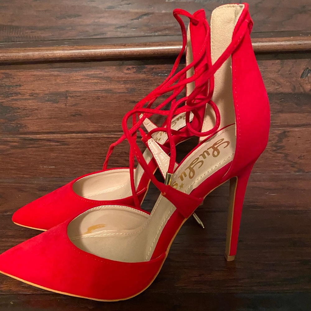 Red lace up Lulus heels